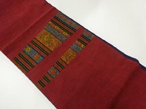 リサイクル　手織り紬切り嵌め縞に花更紗模様洒落袋帯